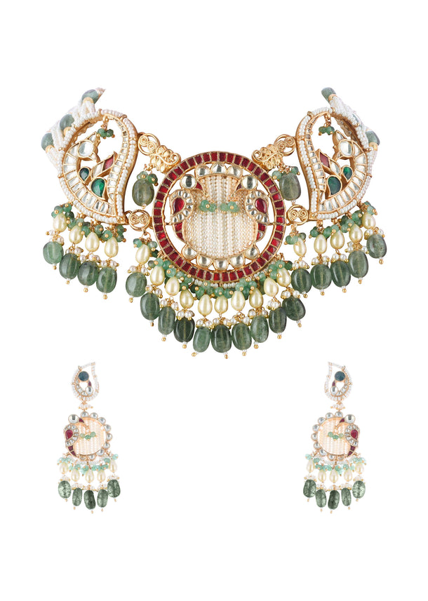 Multicolour Choker Set With Kundan Work In Mix Metal