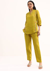 Mehendi Green Linen Co ord Set With Resham Work