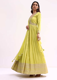 Lime Green Embroidered Tissue Anarkali Set