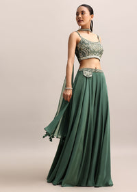 Bottle Green Zari Embroidered Crop Top And Palazzo With Dupatta