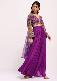 Purple Silk Zari Crop Top And Palazzo With Dupatta