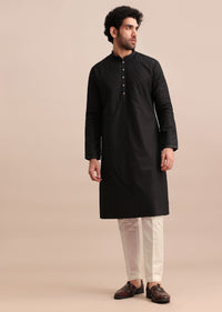 Black Silk Kurta Set With Threadwork For Men