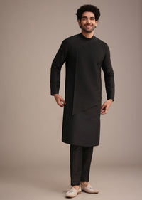 Black Silk Blend Pintuck Kurta Jacket Set
