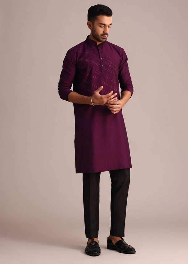 Wine Silk Blend Hand Embroidered Kurta Set