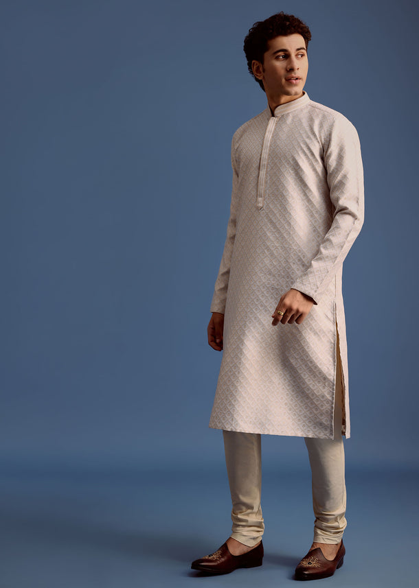 Grey Printed Kurta Pyjama Set For Men