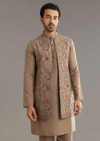 Beige Cotton Silk Kurta Jacket Set With Thread And Bead Work