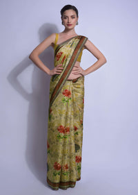 Light Green Saree In Silk With Multi Colored Print In Floral Motifs