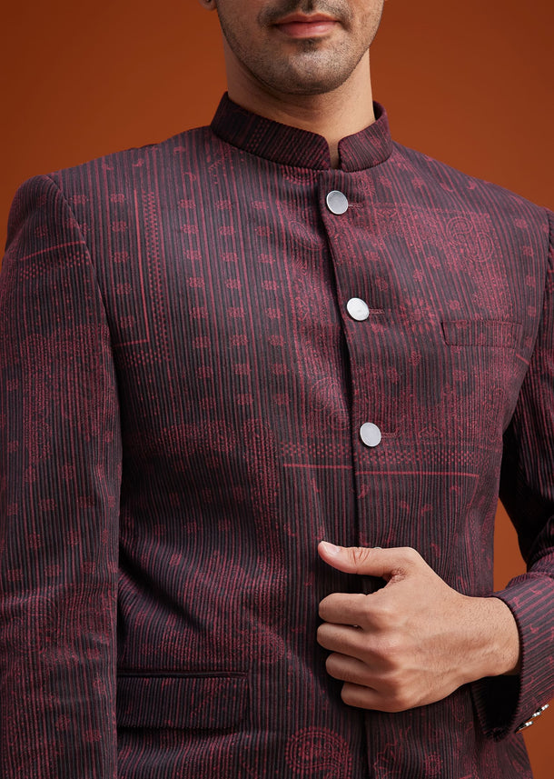 Maroon Printed Jodhpuri Suit With Pocket Square