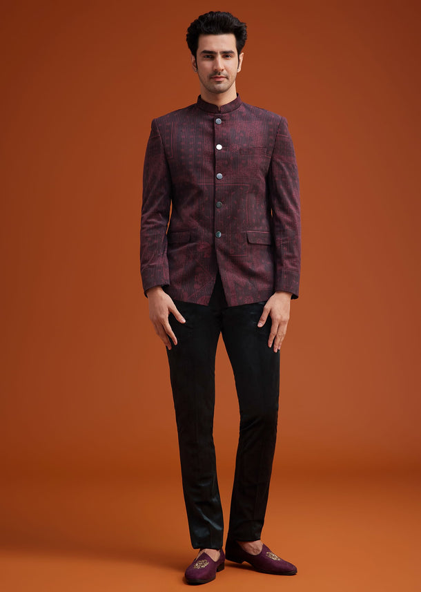 Maroon Printed Jodhpuri Suit With Pocket Square