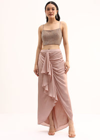 Rose Gold Stone Embroidered Silk Crop Top Set With Jacket