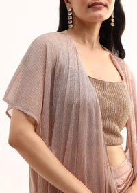Rose Gold Stone Embroidered Silk Crop Top Set With Jacket