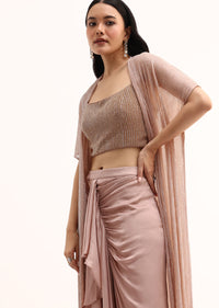 Rose Gold Stone Embroidered Silk Crop Top Set With Jacket