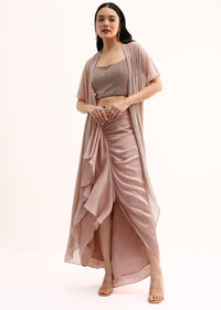 Rose Gold Stone Embroidered Silk Crop Top Set With Jacket