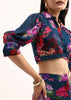 Dark Teal Blue Floral Printed Chinon Crop Top And Palazzo