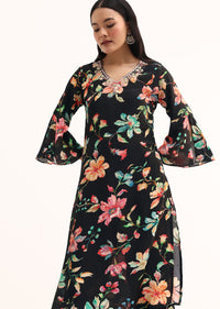 Black Floral Printed Crepe Kurta And Pant In Sequins Work