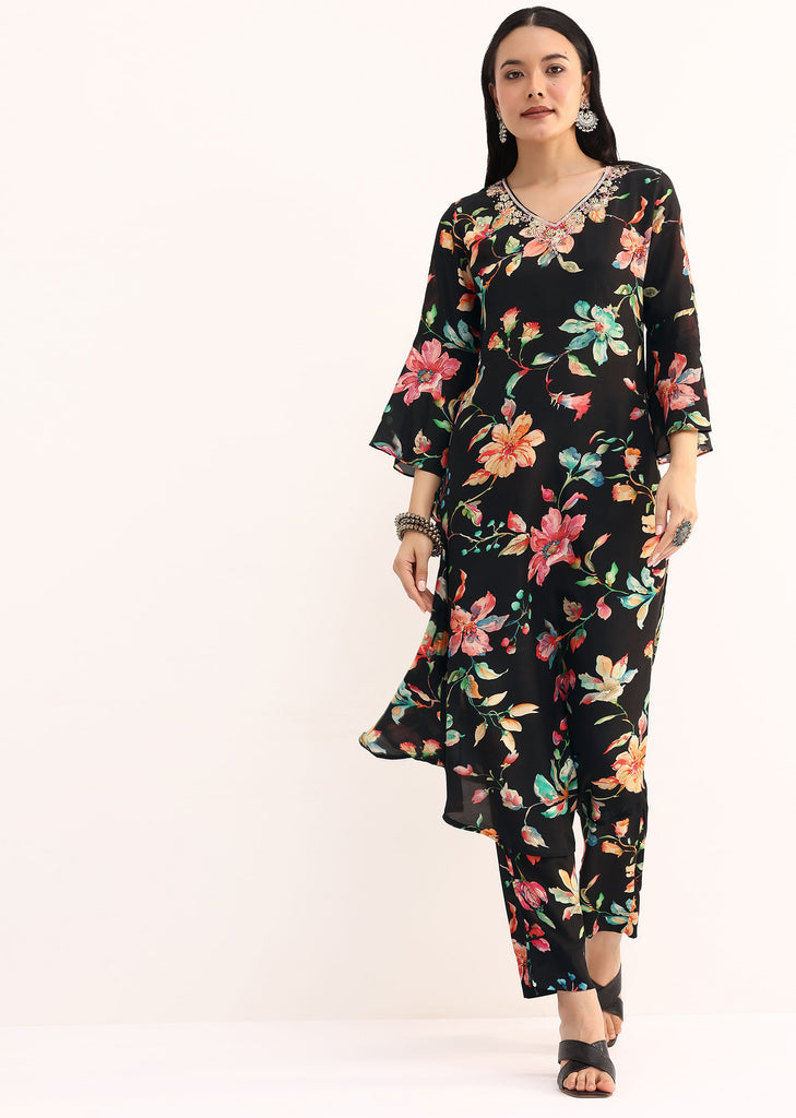 Black Floral Printed Crepe Kurta And Pant In Sequins Work
