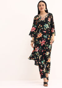 Black Floral Printed Crepe Kurta And Pant In Sequins Work