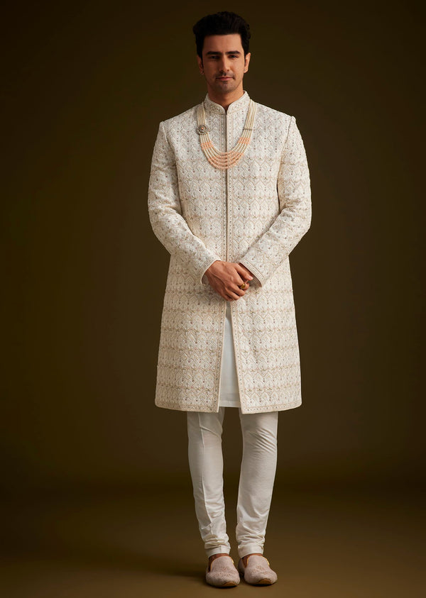 Ivory Embroidered Sherwani With Classic Pearl Detailing