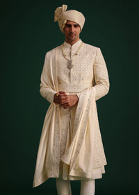 Light Gold Silk Sherwani Set With Kamarbandh And Mala