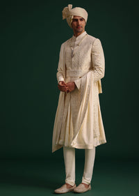 Light Gold Silk Sherwani Set With Kamarbandh And Mala