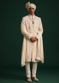 Light Gold Silk Sherwani Set With Kamarbandh And Mala