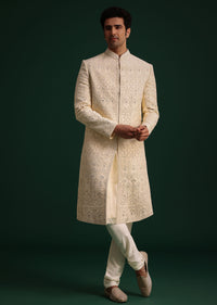 Light Gold Silk Sherwani Set With Kamarbandh And Mala