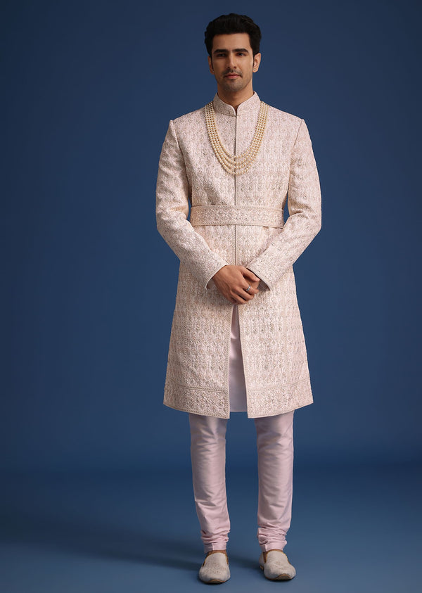 Light Pink Zari Work Silk Sherwani Set With Dupatta