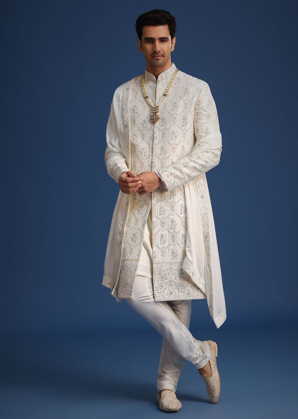 Beige Silk Sherwani Set With Mala And Dupatta