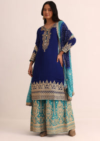 Dark Blue Embroidered Kurta Palazzo With Bandhani Dupatta