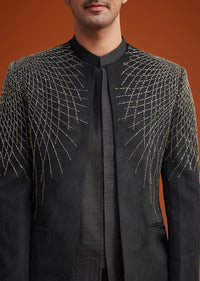 Black Open Indo Jacket Set With Silver Beadwork