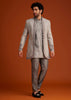 Grey Textured Jacket With Striped Kurta Set