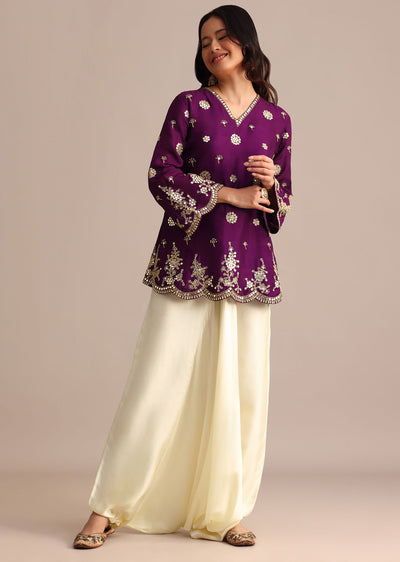 Purple Silk Mirror Embroidered Kurta Dhoti