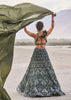 Dark Olive Green 3D Embroidered Lehenga Set With One Side Ruffle Trail