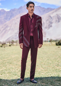 Deep Wine Self Embroidered Tuxedo With Geometric Motifs