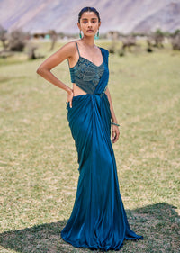 Teal Green Embroidered Drape Gown With Pleated Tassel Pallu