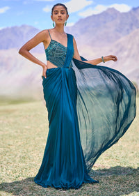 Teal Green Embroidered Drape Gown With Pleated Tassel Pallu