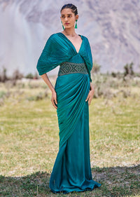 Peacock Green Embroidered Pre Draped Gown With Kimono Sleeves