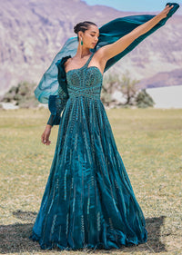 Peacock Green Embroidered Circular Frill Gown With Long Trail