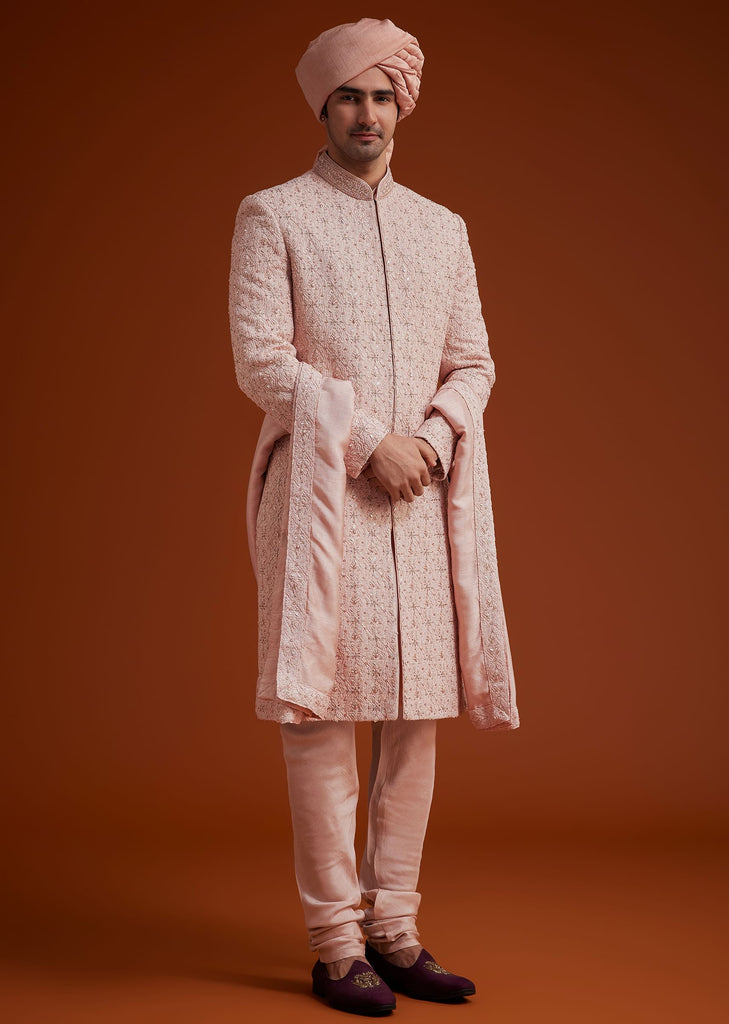 Pink Sherwani Set With Hand Embroidery And Dupatta