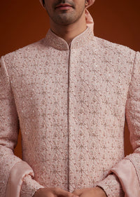 Pink Sherwani Set With Hand Embroidery And Dupatta