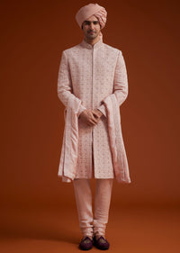 Pink Sherwani Set With Hand Embroidery And Dupatta