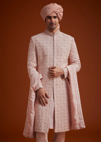 Pink Sherwani Set With Hand Embroidery And Dupatta