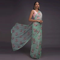 Seafoam Green Saree In Organza With Printed Floral Motifs In Repeat Pattern Online - Kalki Fashion