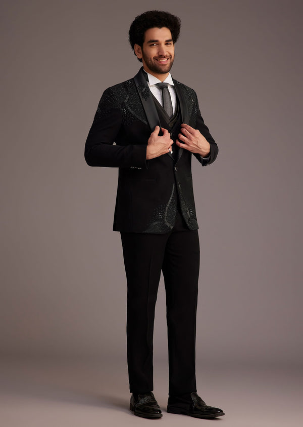 Black Tuxedo With Beaded Shoulder Detailing And Satin Lapel
