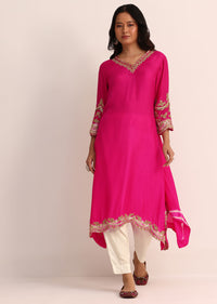 Pink And White Embroidered Silk Kurta Pant