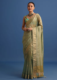 Pista Green Tissue Saree With Gota Patti And Zari Work And Lehriya Blouse