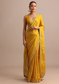 Mustard Yellow Hand Dyed Lehriya Satin Saree With Gota Patti Work