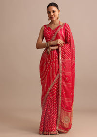 Red Hand Dyed Lehriya Satin Saree With Gota Patti Work