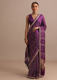 Purple Hand Dyed Lehriya Satin Saree With Gota Patti Work