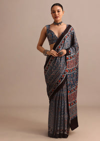 Indigo Modal Satin Saree With Ajrakh Handblock Print